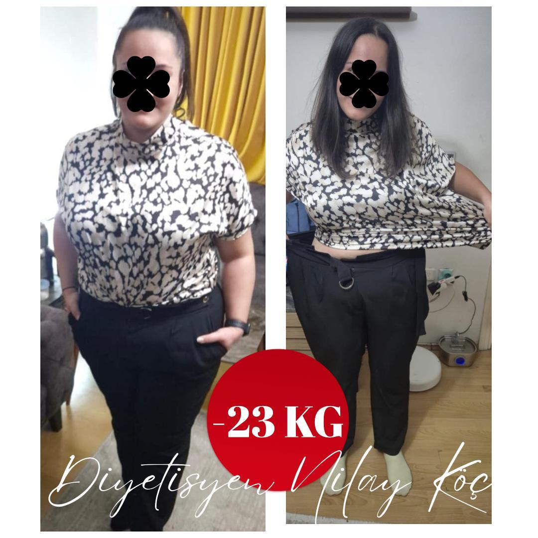 Bir danışanın önce ve sonra fotoğrafları; görselde 23 kg kayıp belirtiliyor
